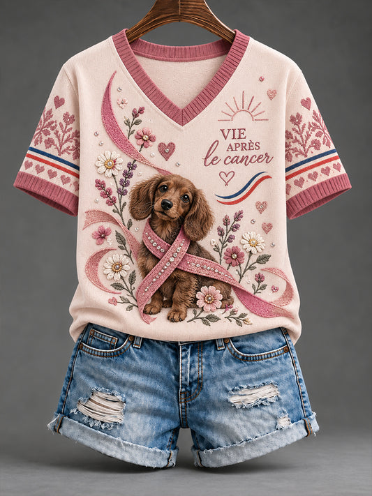 T-shirt tricoté à manches courtes pour la sensibilisation au cancer du sein, modèle femme, style français