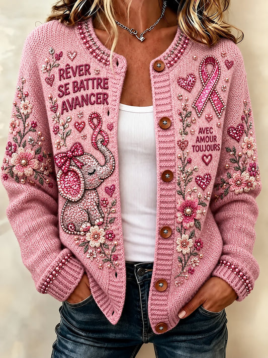 Cardigan tricoté boutonné de sensibilisation au cancer du sein pour femmes, style français