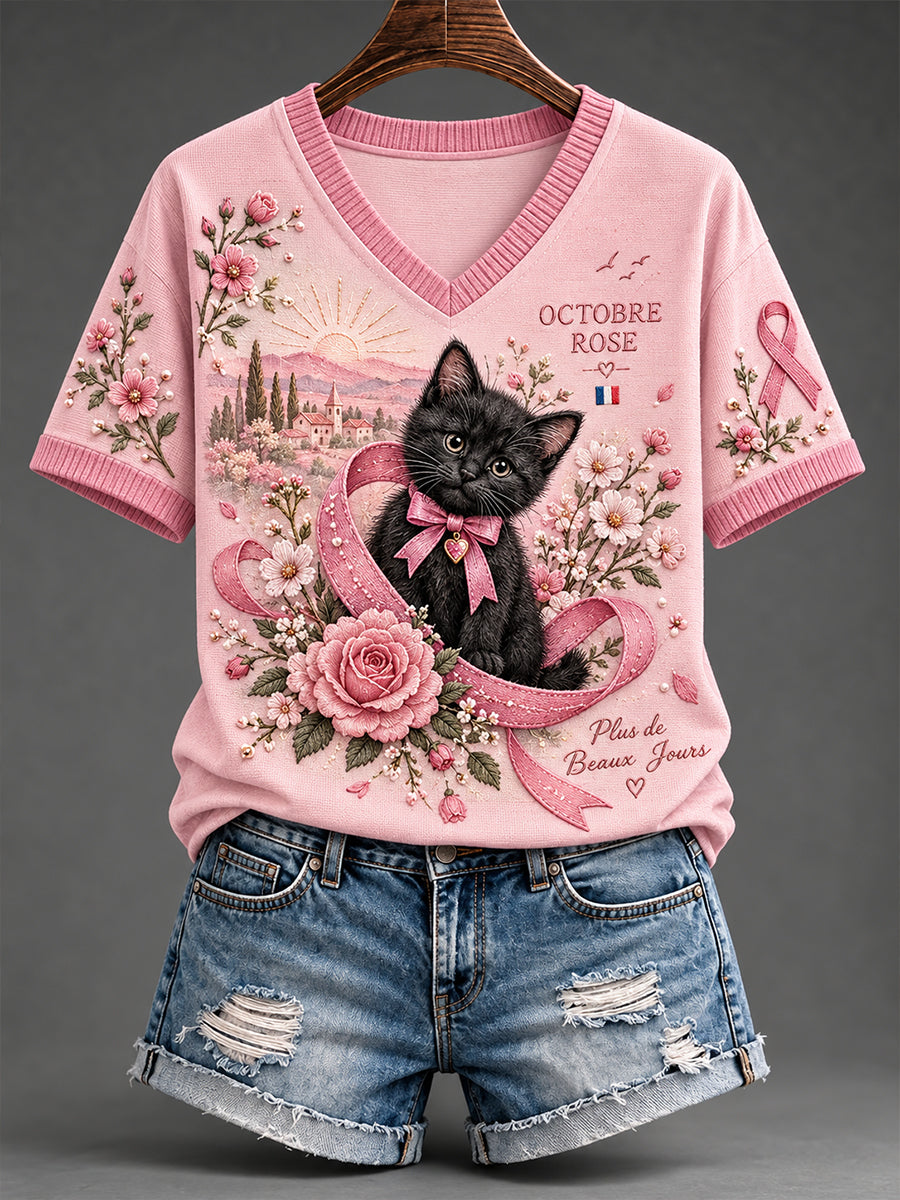 T-shirt tricoté à manches courtes pour la sensibilisation au cancer du sein, modèle femme, style français
