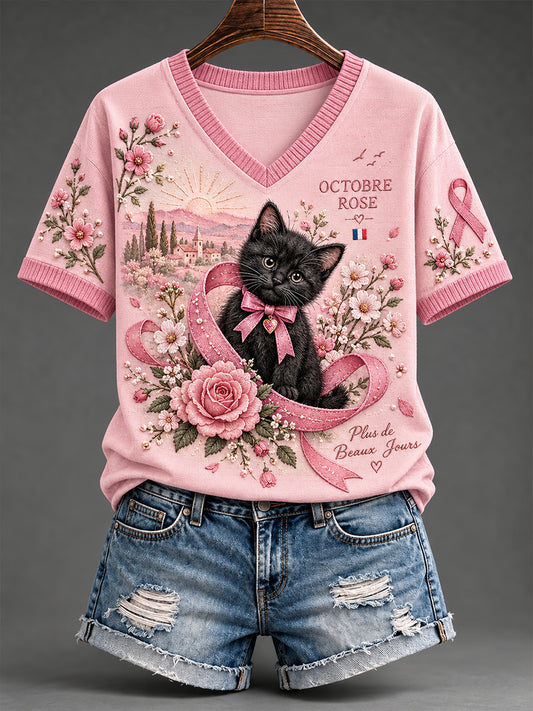 T-shirt tricoté à manches courtes pour la sensibilisation au cancer du sein, modèle femme, style français