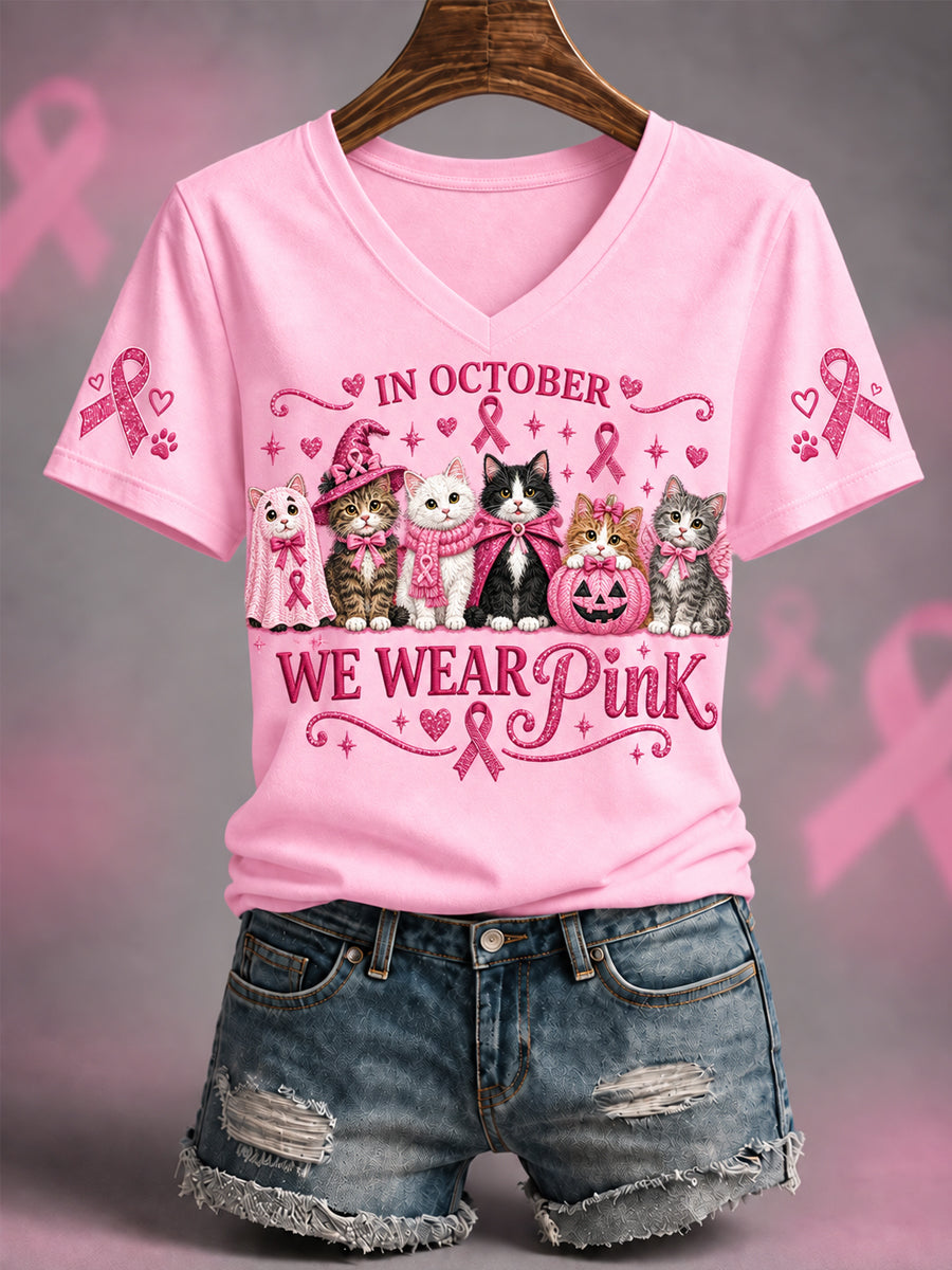 Femmes en octobre nous portons rose Halloween chats roses imprimer soutien de sensibilisation au cancer du sein v-Neck Tee