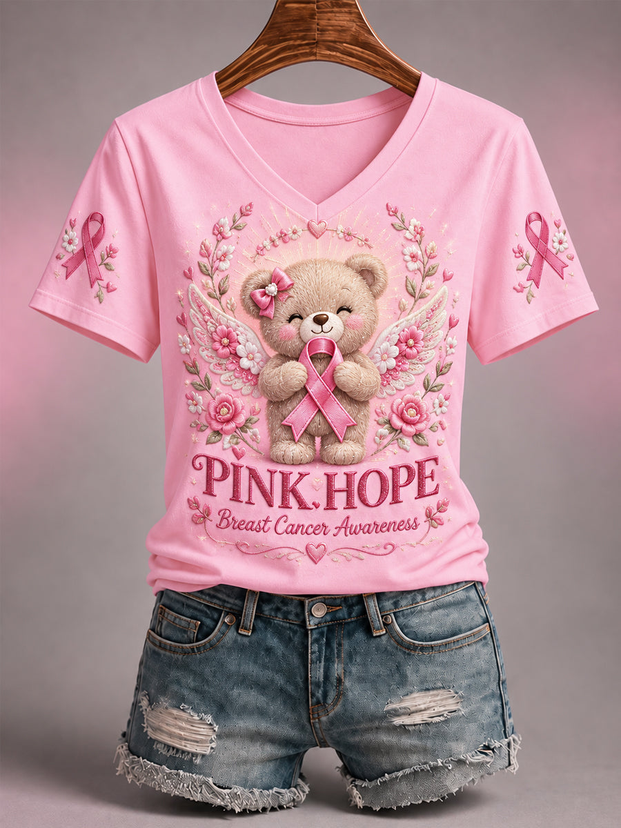 T-shirt à col en V pour femmes, avec imprimé Ours du Bonheur «En octobre, nous portons du rose », en soutien à la sensibilisation au cancer du sein