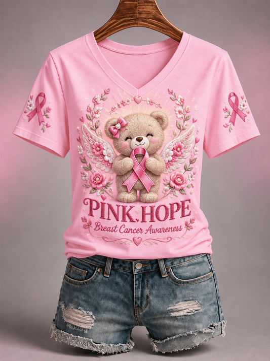 T-shirt à col en V pour femmes, avec imprimé Ours du Bonheur «En octobre, nous portons du rose », en soutien à la sensibilisation au cancer du sein
