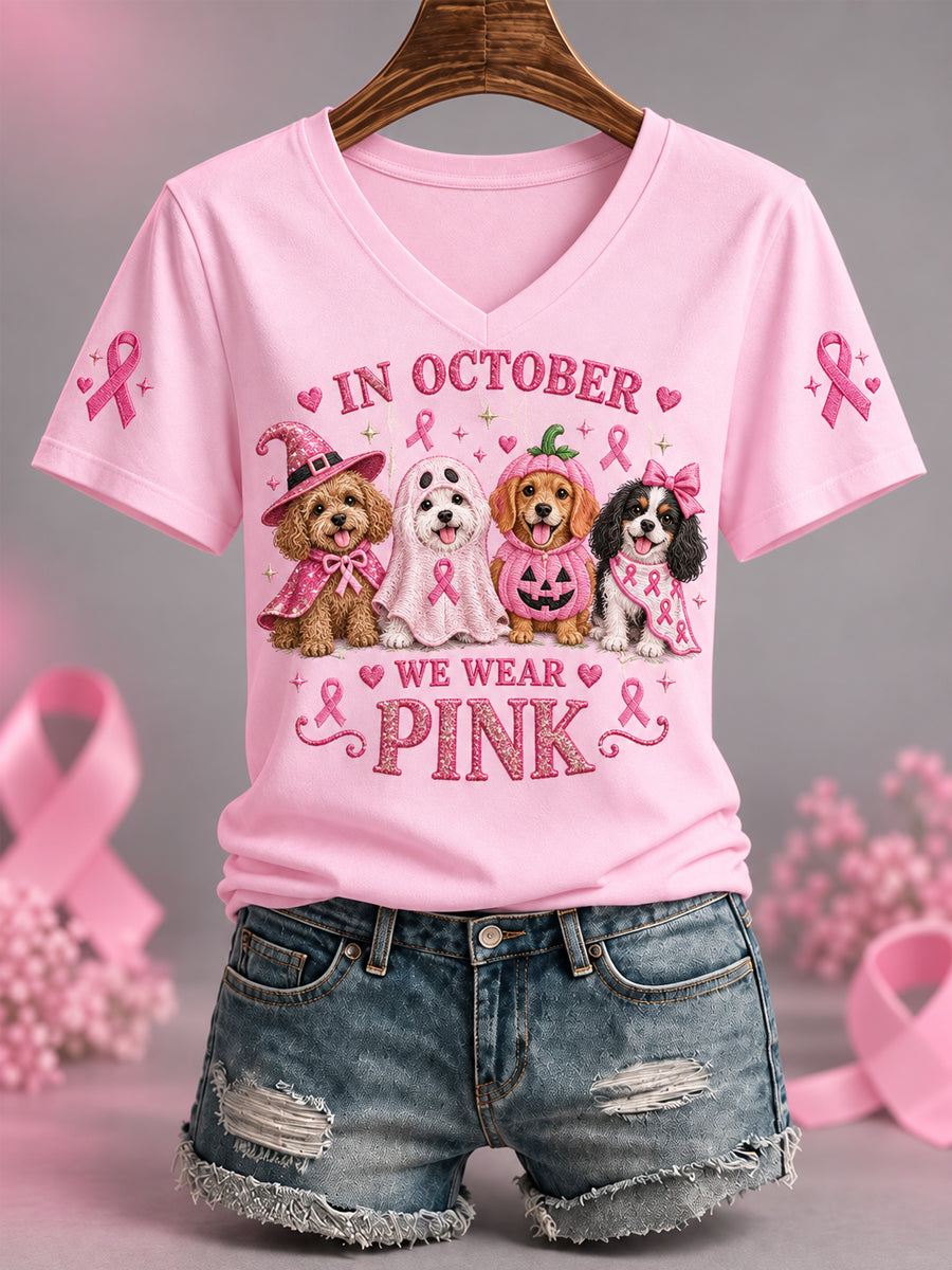 En octobre des femmes nous portons rose Halloween rose chiens imprimer soutien de sensibilisation au cancer du sein v-Neck Tee