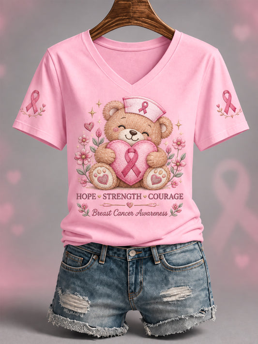 En octobre, nous portons des femmes Rose Care Bear Print Breast Cancer Sensibilisation Soutien V-Neck Tee