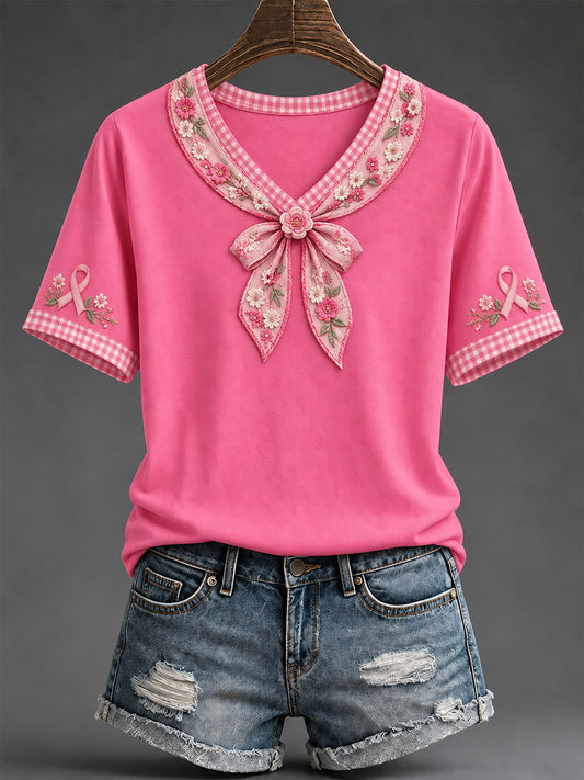 T-shirt pour femme avec impression artistique florale et ruban rose