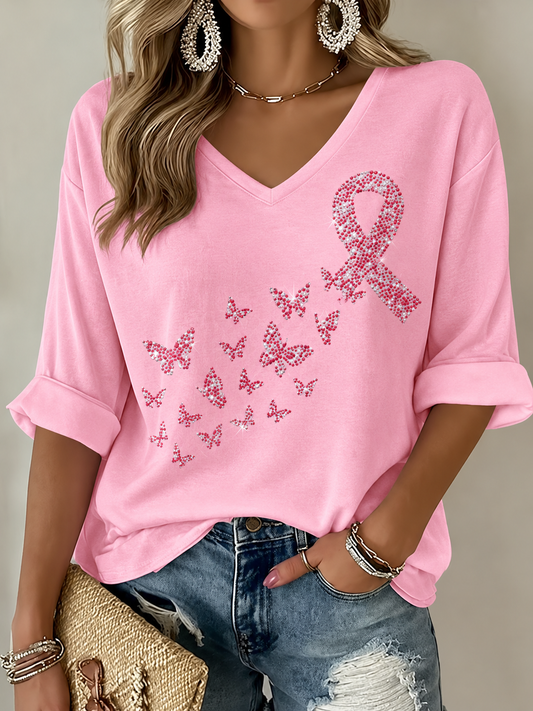 T-shirt femme à manches mi-longues et col en V, pour le cancer du sein