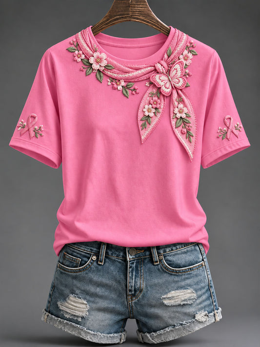 T-shirt pour femme avec impression artistique florale et ruban rose