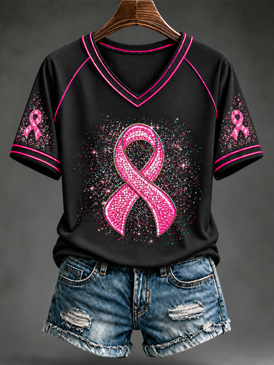 T-shirt à manches courtes avec ruban rose pour le cancer du sein chez la femme
