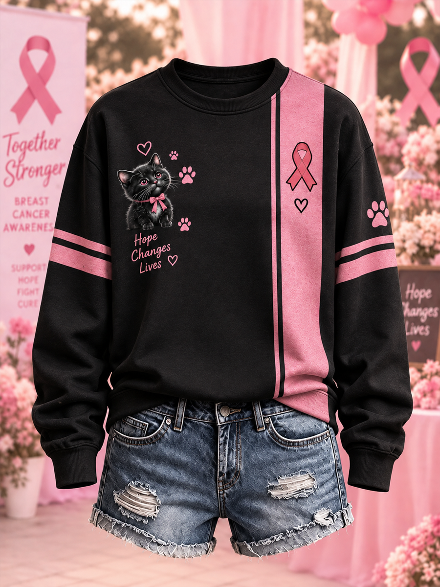Sweat-shirt classique pour femme, imprimé motifs chats et fleurs noir et rose