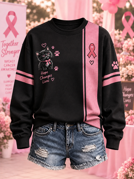 Sweat-shirt classique pour femme, imprimé motifs chats et fleurs noir et rose