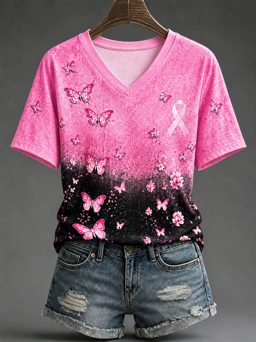 T-shirt décontracté imprimé de sensibilisation au cancer du sein pour femmes