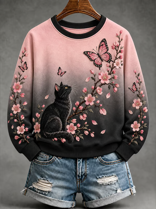 Sweat-shirt classique pour femme, imprimé motifs chats et fleurs noir et rose