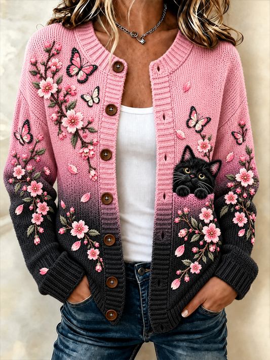 Veste en maille style cardigan pour femme, imprimé chat et fleurs noir et rose