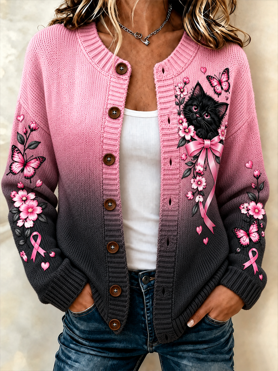 Veste en maille style cardigan pour femme, imprimé chat et fleurs noir et rose