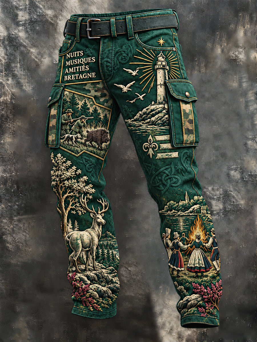 Pantalon de travail décontracté pour homme, vert, imprimé patchwork breton fest-noz