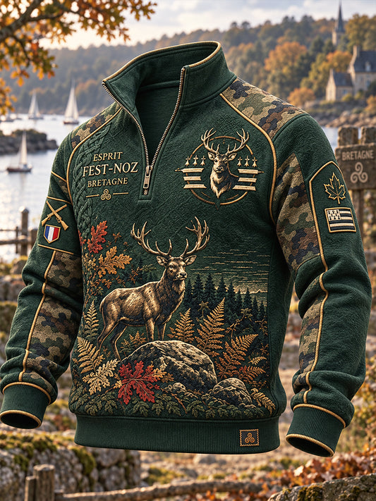 Sweat à capuche zippé décontracté pour homme, imprimé fest-noz breton vert
