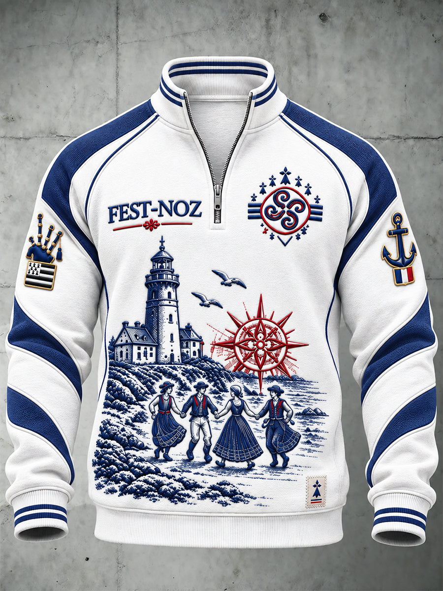 Sweat-shirt zippé décontracté blanc pour homme, imprimé de style breton fest-noz