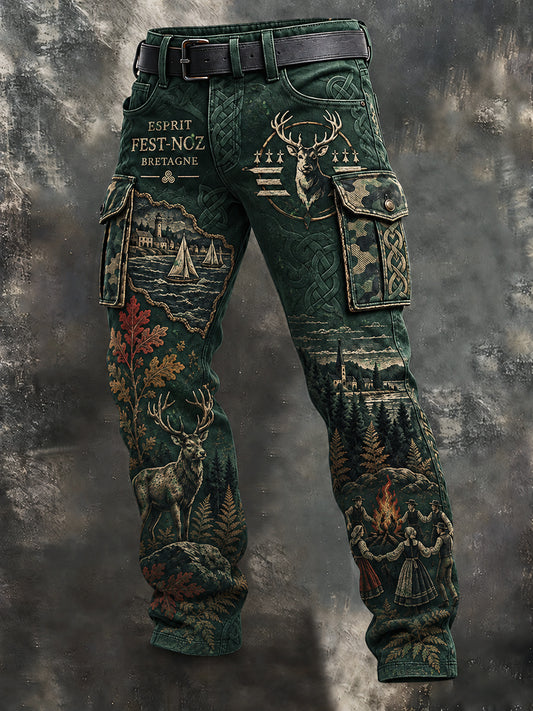 Pantalon de travail décontracté pour homme, vert, imprimé breton fest-noz