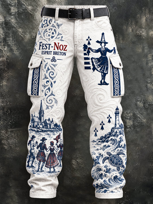 Pantalon de travail décontracté pour homme, imprimé marin, style fest-noz breton