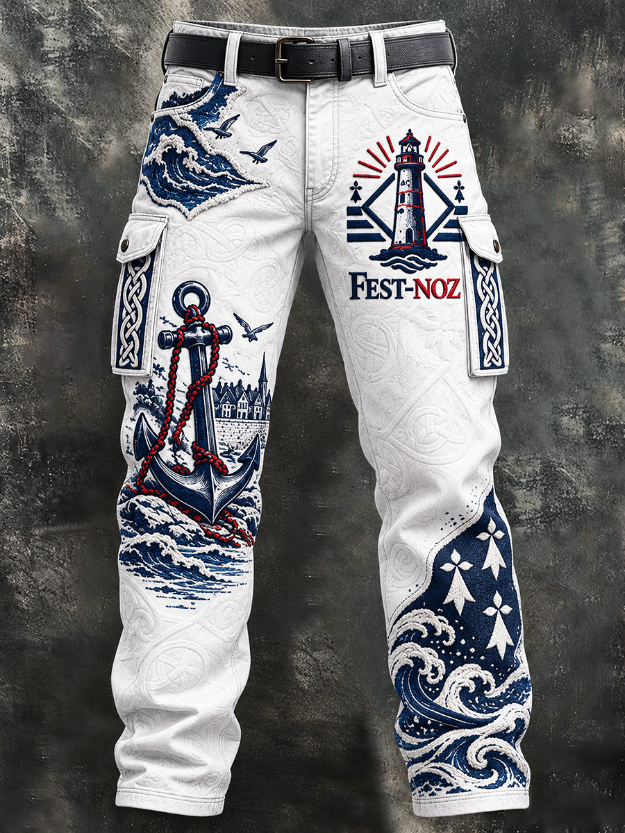 Pantalon de travail décontracté blanc à imprimé marin breton pour homme