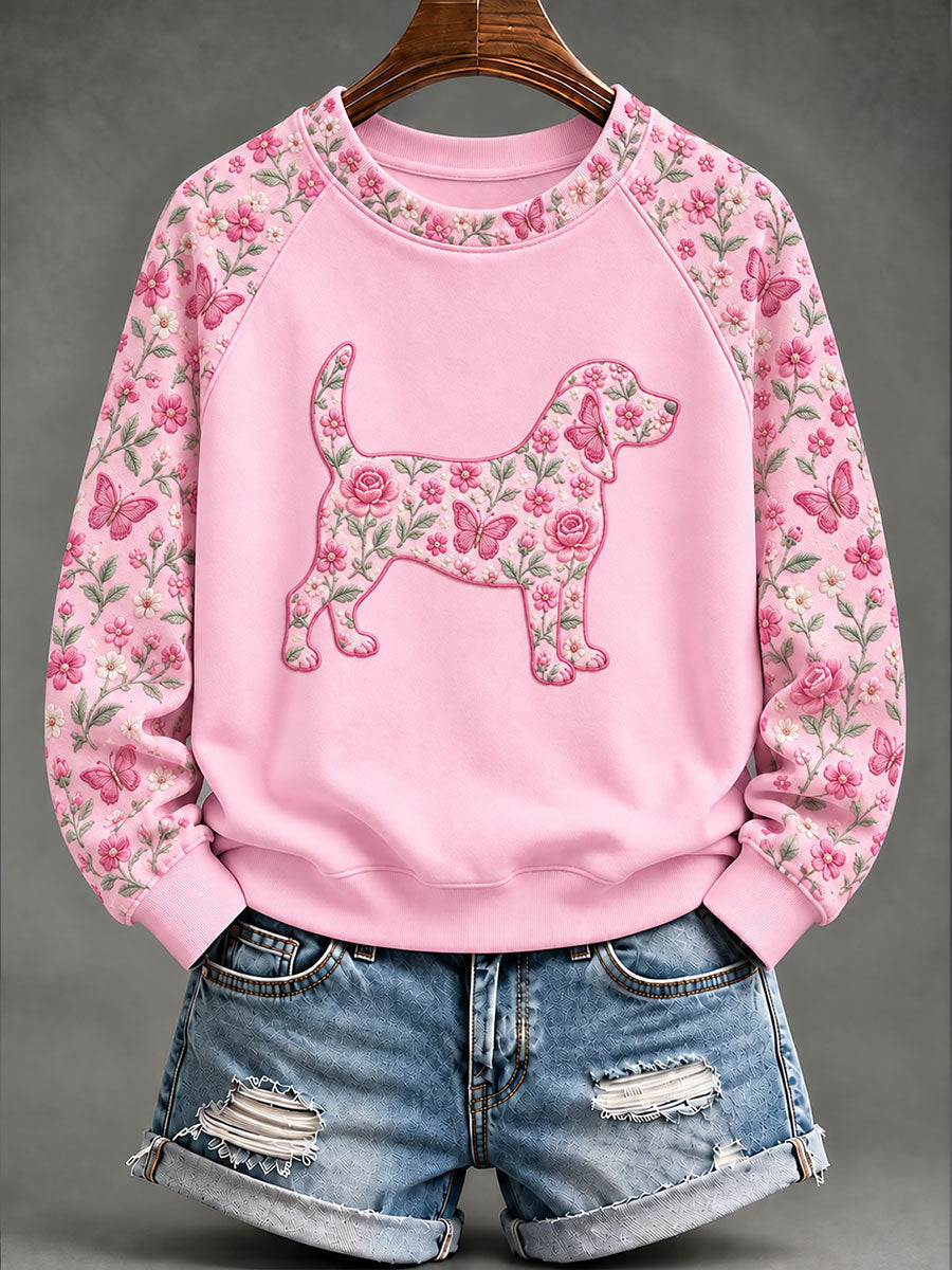 Sweat-shirt décontracté pour femme à imprimé floral représentant un chien beagle et le cancer du sein