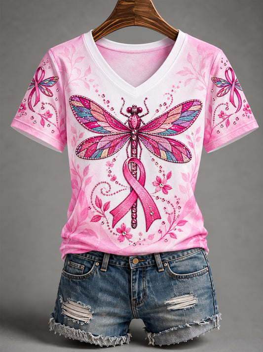 T-shirt à col en V pour le soutien à la sensibilisation au cancer du sein, avec imprimé libellule et ruban rose pour femmes