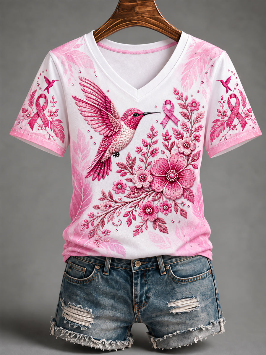 Femmes Rose Ruban Colibri Imprimer Cancer du sein Soutien Soutien V-Neck Tee