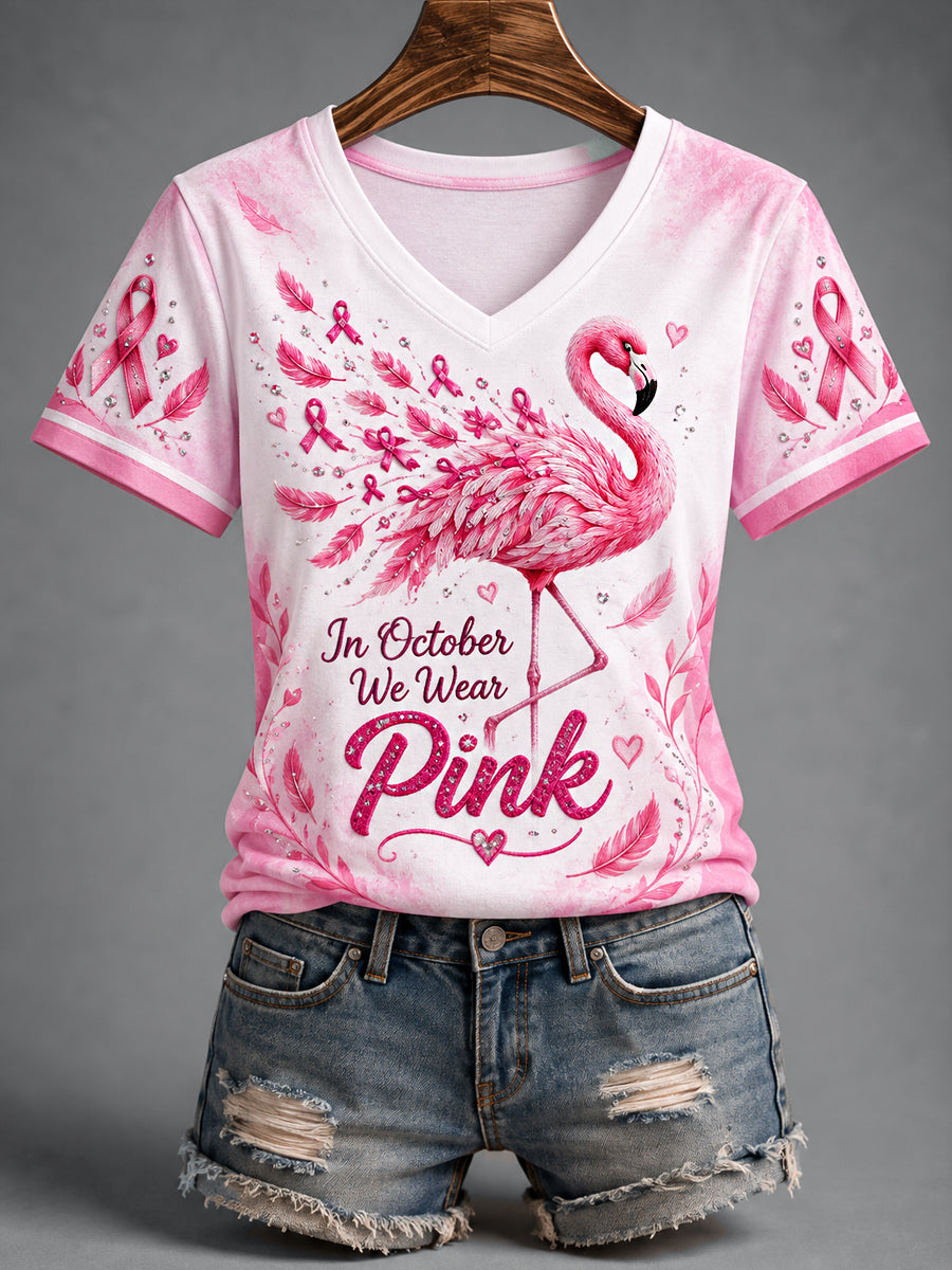 Femmes Rose Ruban Flamingo Imprimer Cancer du sein Soutien Soutien V-Neck Tee