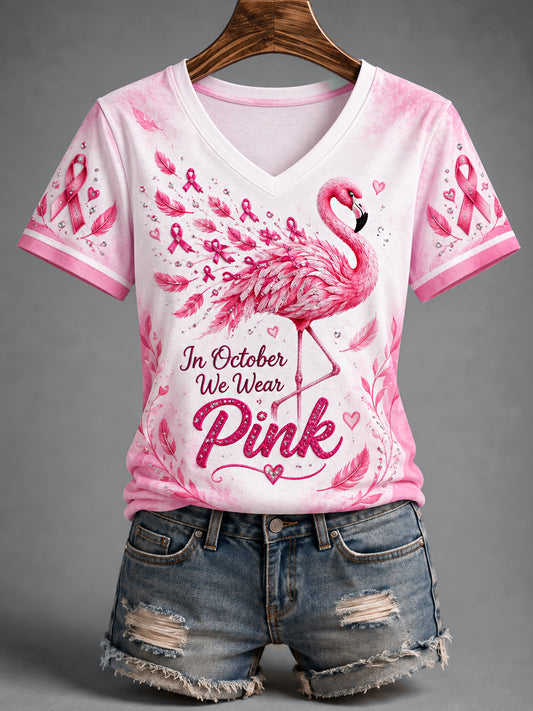 Femmes Rose Ruban Flamingo Imprimer Cancer du sein Soutien Soutien V-Neck Tee