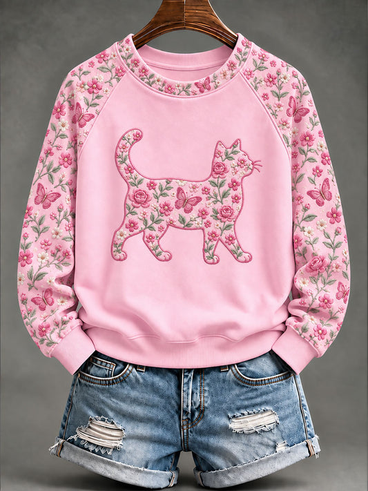 Sweat-shirt décontracté pour femme à imprimé floral et motif chat, pour le cancer du sein