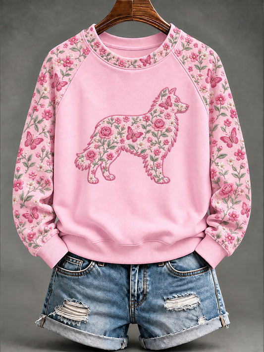 Sweat-shirt décontracté pour femme à imprimé floral et motif chien de berger, pour le cancer du sein