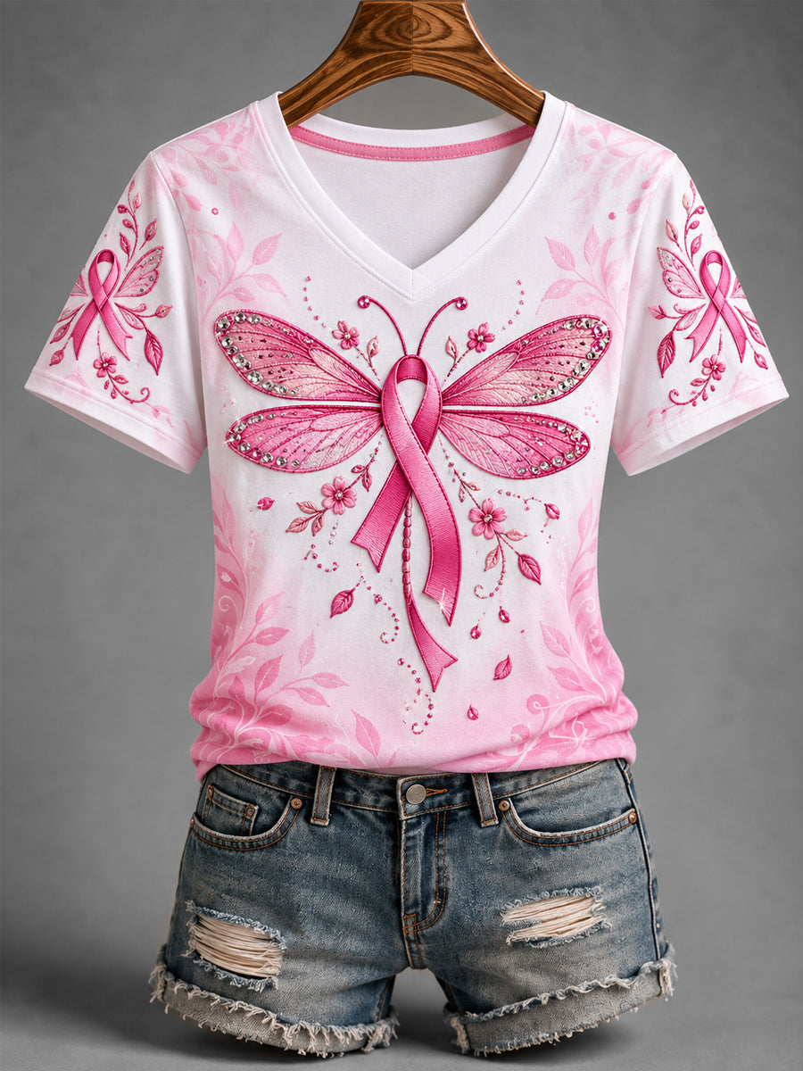 T-shirt à col en V pour le soutien à la sensibilisation au cancer du sein, avec imprimé libellule et ruban rose pour femmes