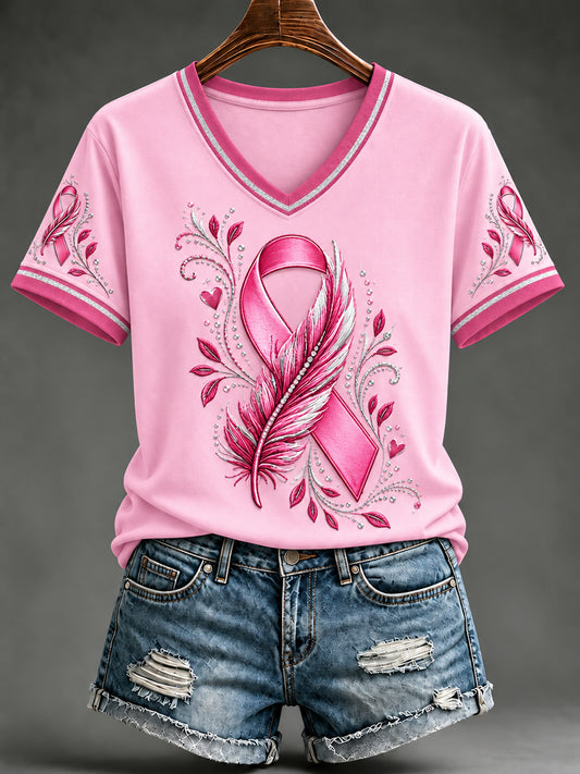 T-shirt à manches courtes rose en soutien à la sensibilisation au cancer du sein chez les femmes