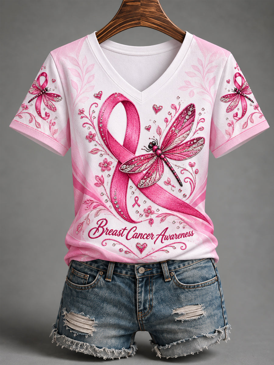 T-shirt à col en V pour le soutien à la sensibilisation au cancer du sein, avec imprimé libellule et ruban rose pour femmes