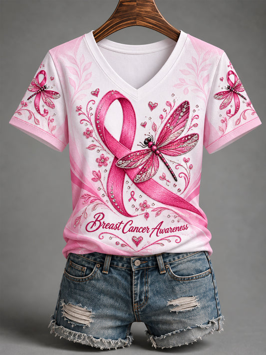 T-shirt à col en V pour le soutien à la sensibilisation au cancer du sein, avec imprimé libellule et ruban rose pour femmes