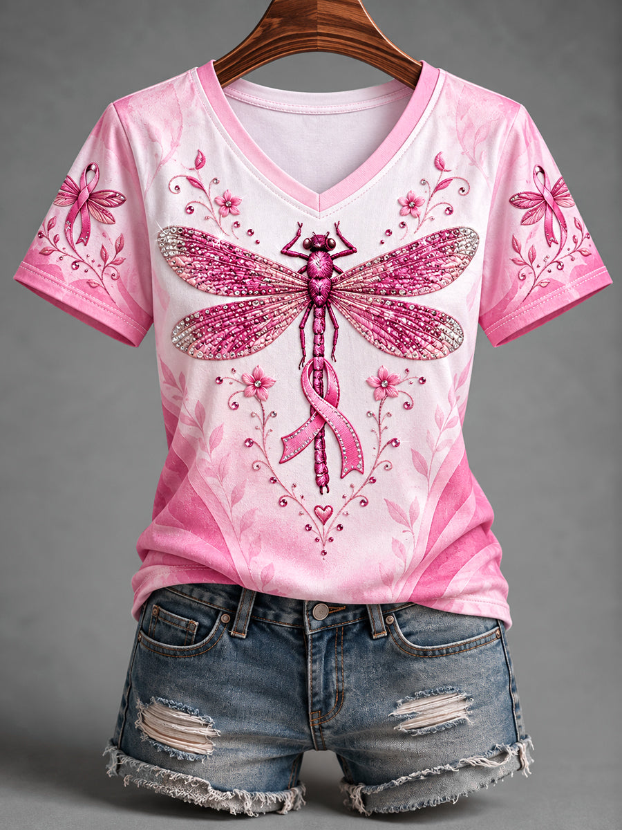 Ruban rose libellule impression du cancer du sein soutien V-Neck Tee femmes