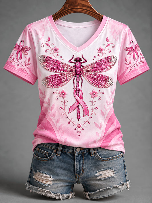 Ruban rose libellule impression du cancer du sein soutien V-Neck Tee femmes