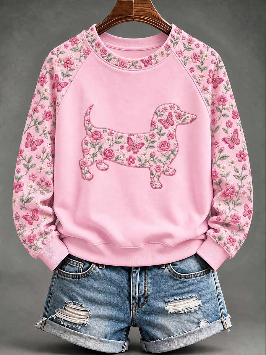 Sweat-shirt décontracté pour femme à imprimé floral et dachshund sur le thème du cancer du sein