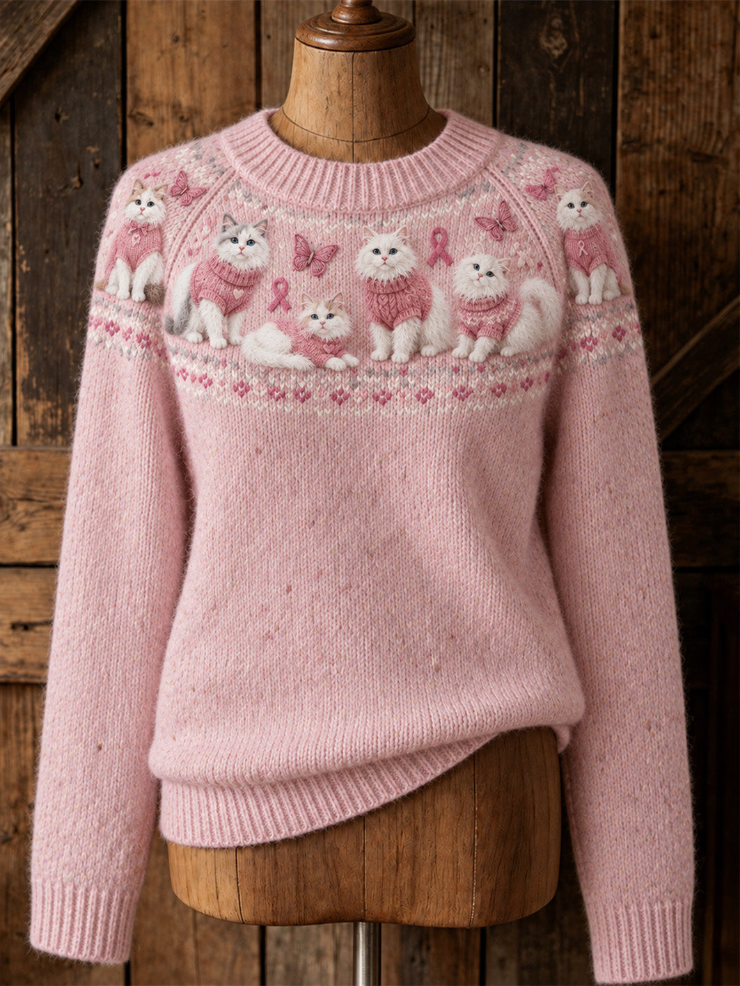 Pull décontracté à manches raglan pour femme, motif chat et ruban rose de la solidarité