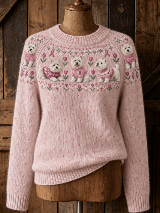 Pull décontracté à manches raglan pour femme, motif chien et ruban rose de la solidarité