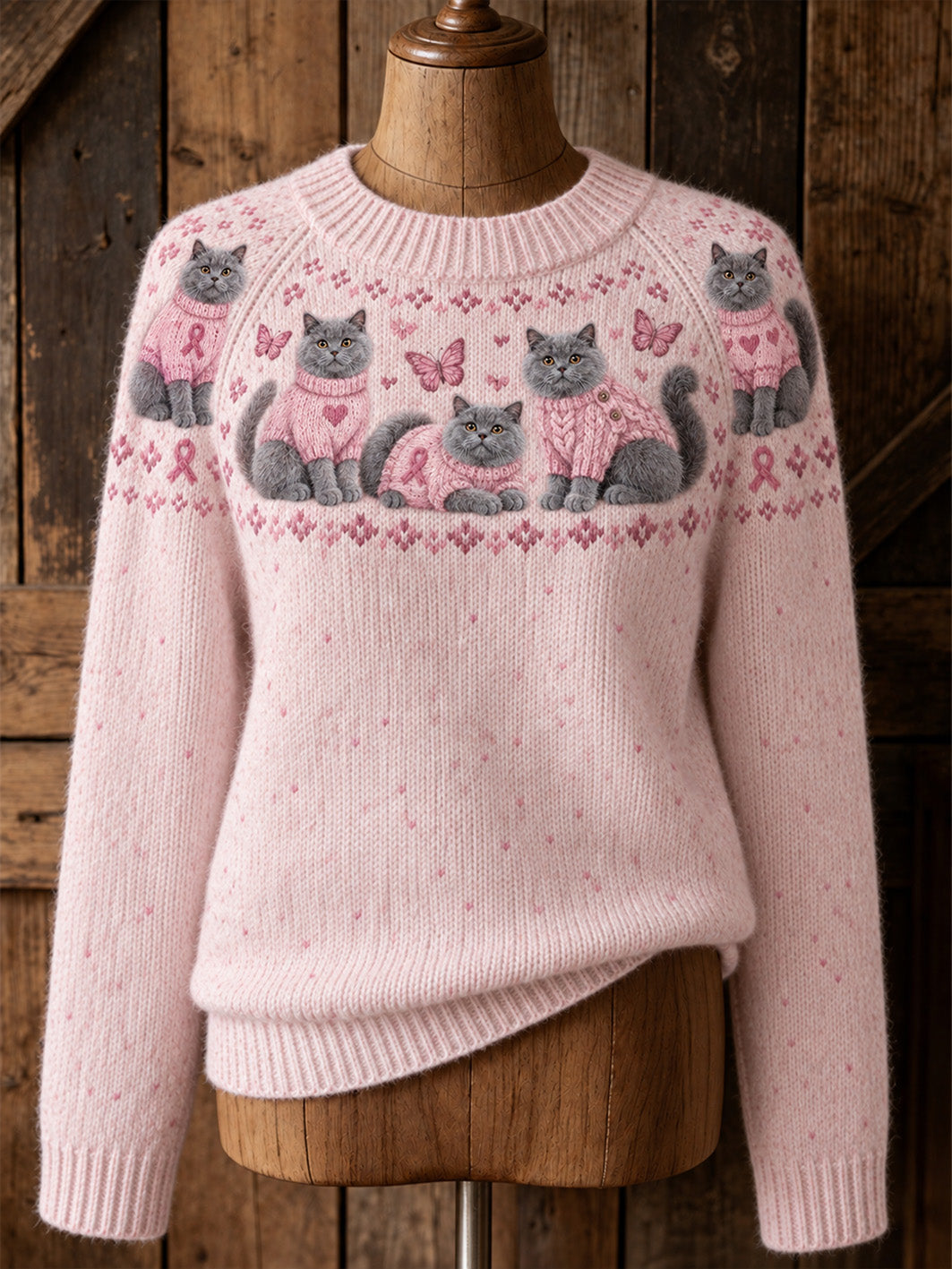Pull décontracté à manches raglan pour femme, motif chat et ruban rose de la solidarité