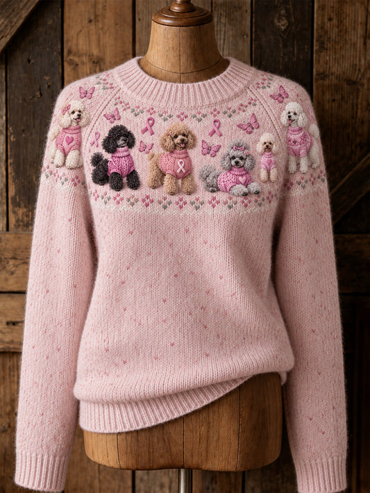 Pull décontracté à manches raglan pour femme, motif chien et ruban rose de la solidarité