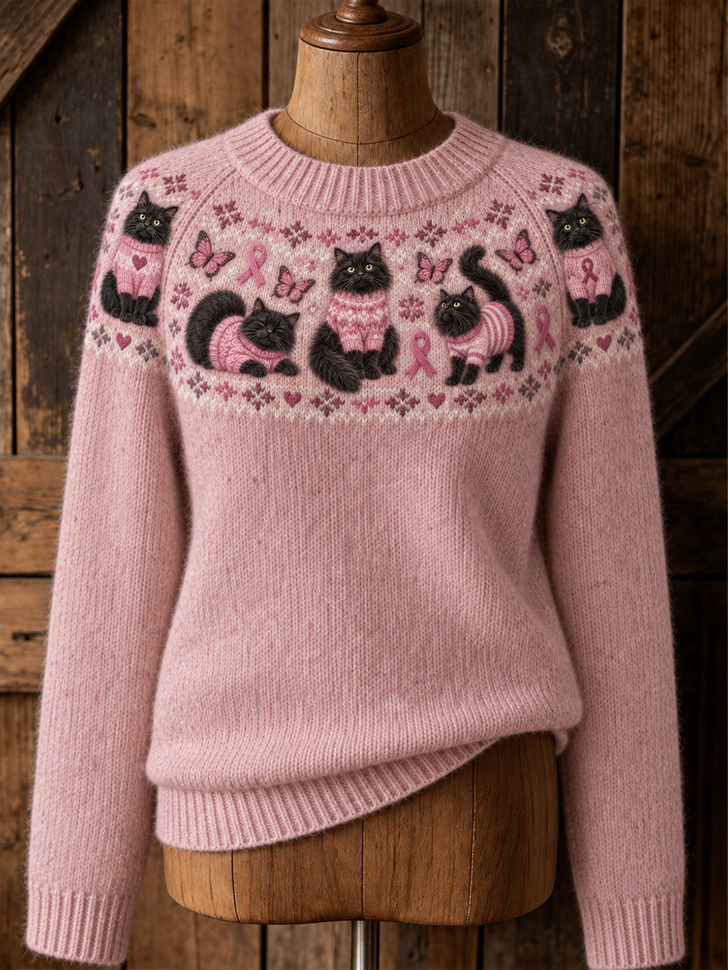 Pull décontracté à manches raglan pour femme, motif chat et ruban rose de la solidarité