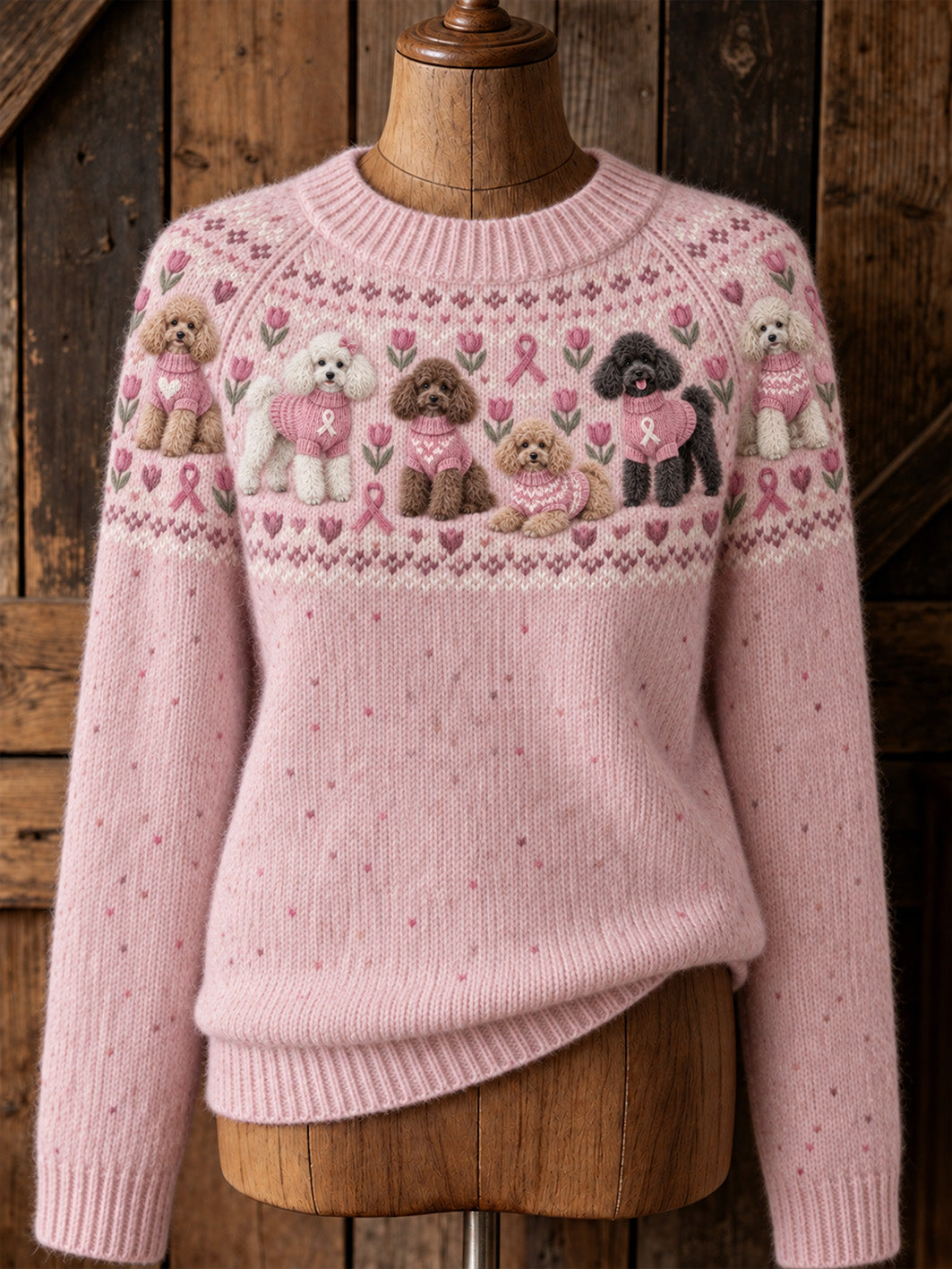 Pull décontracté à manches raglan pour femme, motif chien et ruban rose de la solidarité