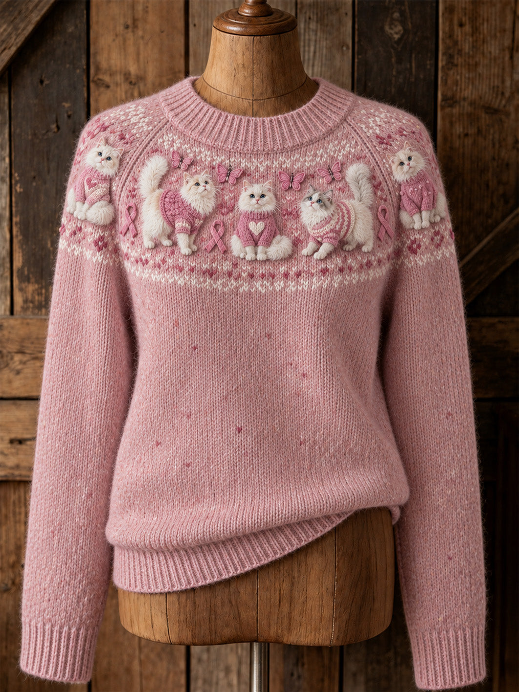 Pull décontracté à manches raglan pour femme, motif chat et ruban rose de la solidarité