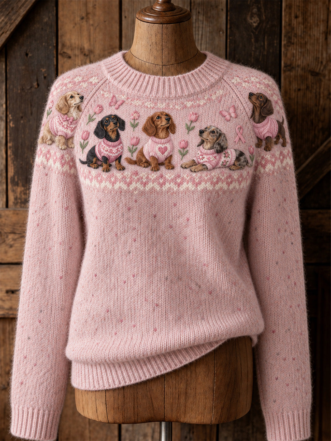 Pull décontracté à manches raglan pour femme, motif chien et ruban rose de la solidarité
