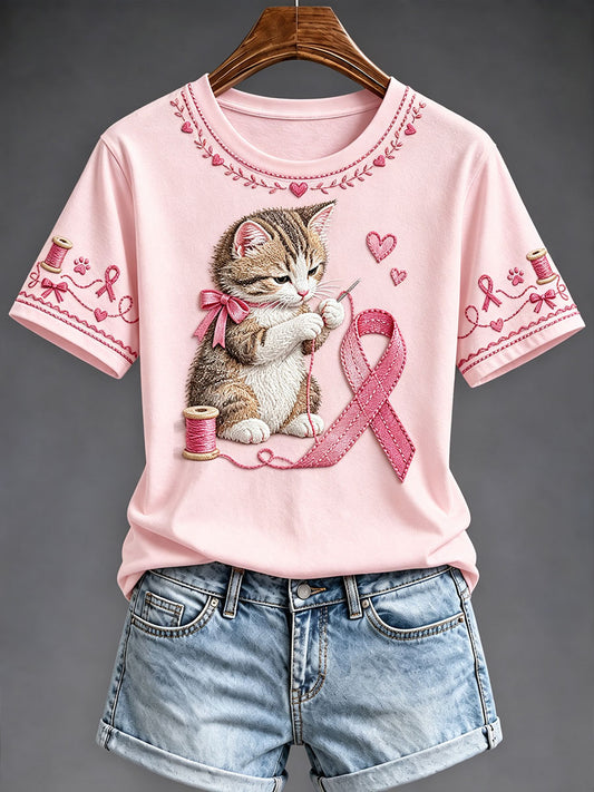T-shirt imprimé artistique rose de sensibilisation au cancer du sein chez la femme