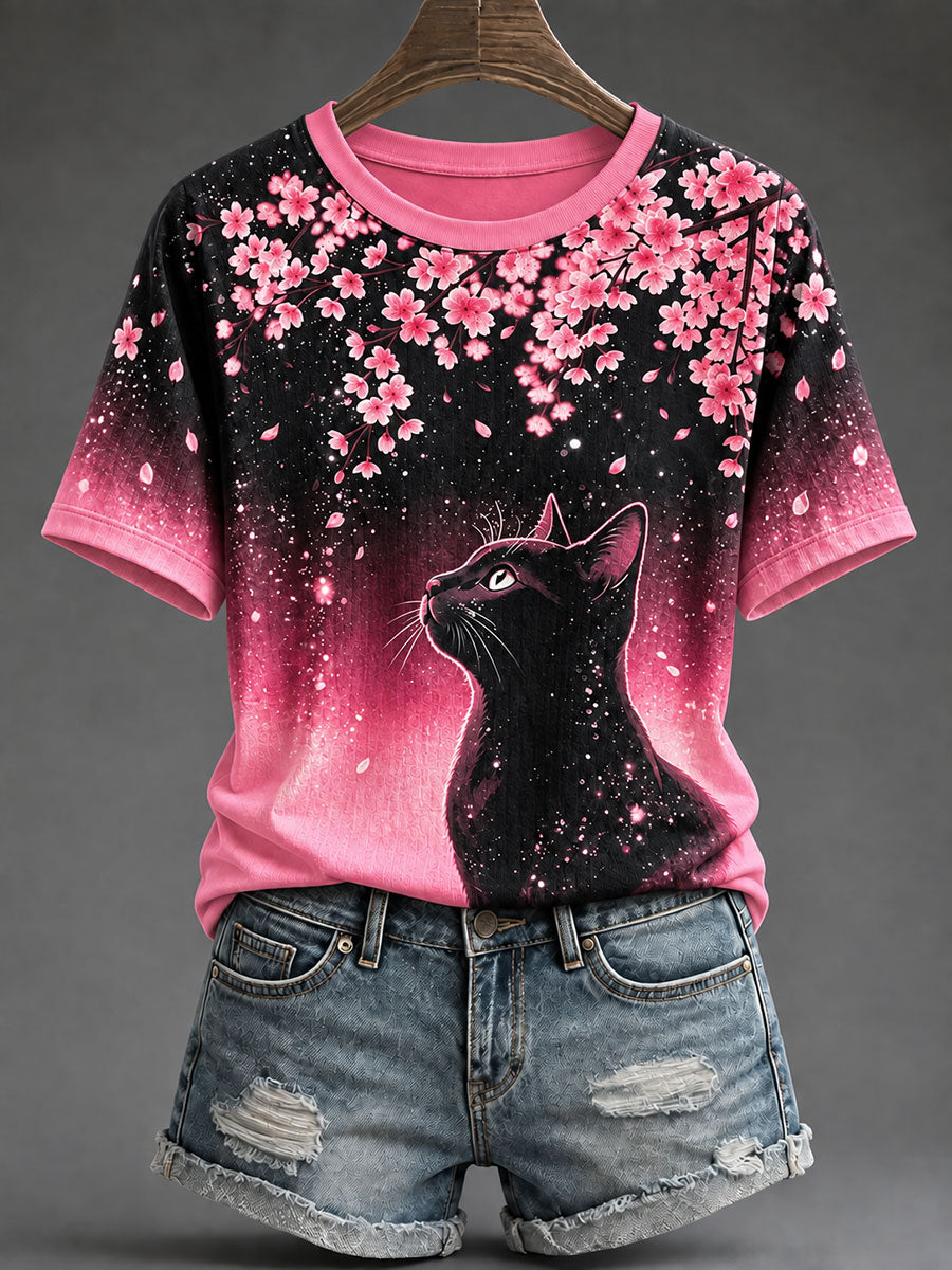T-shirt décontracté à imprimé chat pour la sensibilisation au cancer du sein chez les femmes