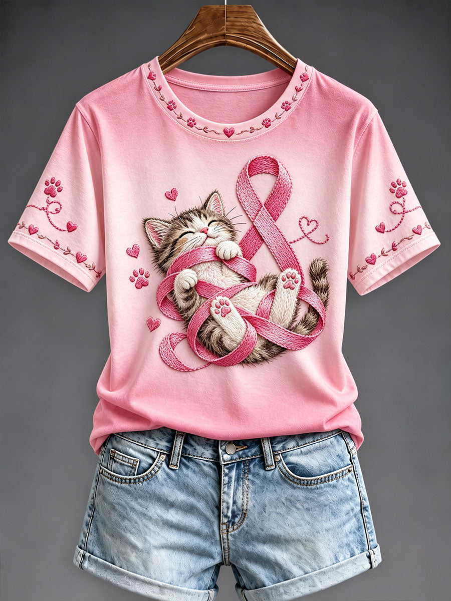 T-shirt imprimé artistique rose de sensibilisation au cancer du sein chez la femme
